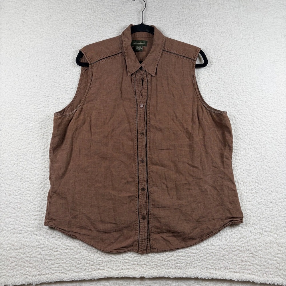 Eddie Bauer Linen Sleeveless Button Down Shirt Womens XXL Brown Coastal Grandma
